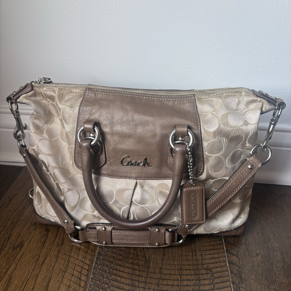 Coach Ashley Metallic Signature Carryall Logo Women's Brown Tan Leather Canvas